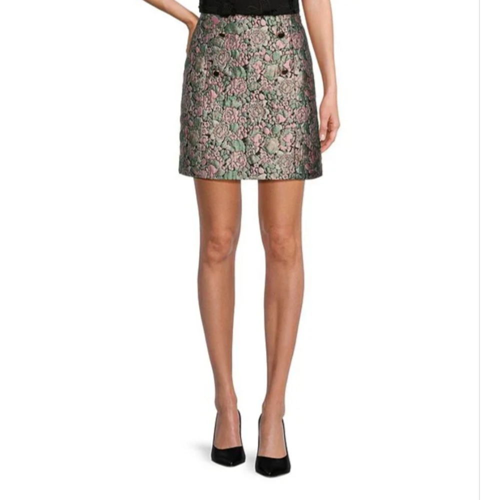 Abbey GlassJessica Floral Jacquard High Rise Button Front Mini A-Line Skirt